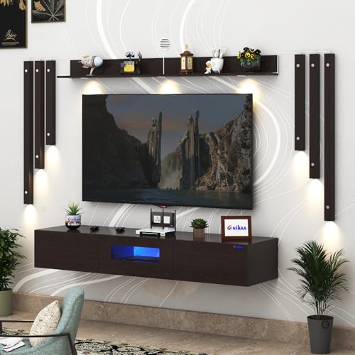 Image of Anikaa LucenNote Engineered Wood Wall Mount TV Unit with Acrylic Blue LED Storage Box, Wooden Accent Spotlight Panels for Living Room, Fits Up to 50 Inch TV, Wenge DIY Installation