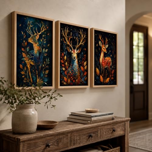Image of Livin'luxe Set of 3 Deer Forest Wall Paintings for Living Room Bedroom Hallway Home Decor with Premium Wooden Color Synthetic Frame (25.5 x 19.5 Inch) NM03-76