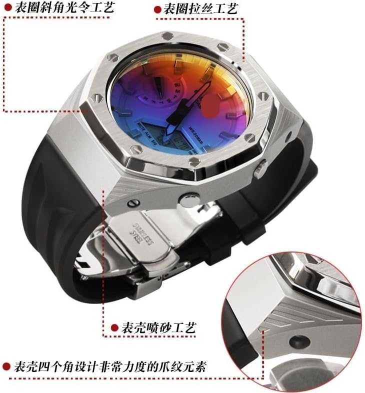 EZZON GA2100 4rd Stainless Steel Watch Bezel Fluorine Rubber Watch Strap Retrofit Kit For Men's Watches GA-2100/GA-2110/GA-B2100