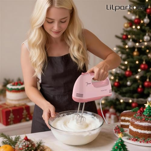 Image of LILPARTNER Hand Mixer Electric, Ultra Power Kitchen Hand Mixer With 7-Speed & 5 Stainless Steel Accessories for Whipping Dough, Cream, Cake, Dishwasher Safe, Light Pink