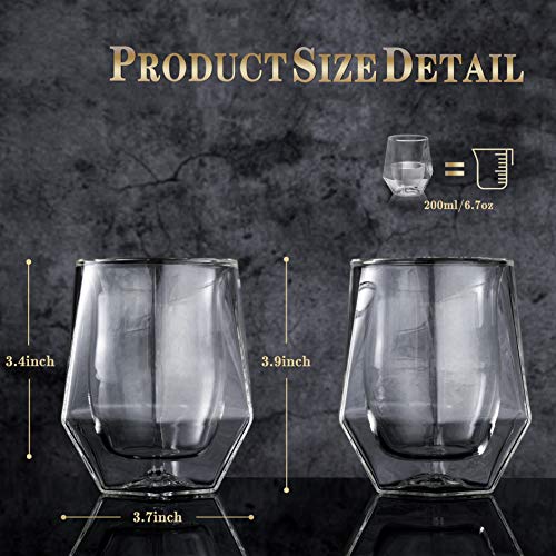 YouYah Whiskey Glasses Set of 2 - Double Walled Crystal Whisky Glasses with 4 Stainless Steel Ice Cubes & Tong,Rocks Glass,Gifts for Men,Lowball Bar Glass for Brandy,Cocktail,Vodka,Bourbon(6.7oz) - Thumbnail 2