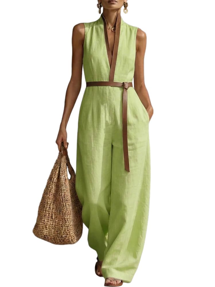 Jumpsuit Tuta Intera Donna Elegante Chic Estiva Monopezzi e Tutine senza Manica Scollo V Patchwork Pantaloni Larghi Vita Alta