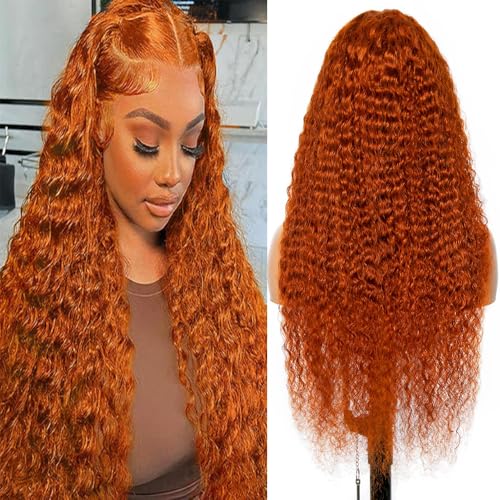 YINGRUN 36 Inch Ginger Wig Human Hair 13x6 Deep Wave Lace Front Wigs Human Hair Ginger Orange Curly Human Hair Wig 180 Density Colored with Hairline for Black Women 350#