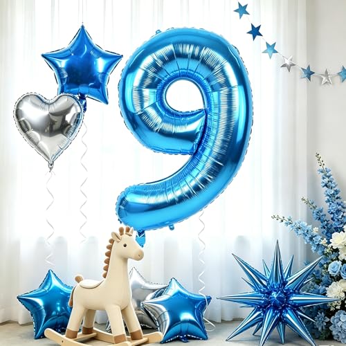 Image of TONIFUL 9th Birthday Balloons Kit 40 Inch Blue Large Number 9 Foil Balloon