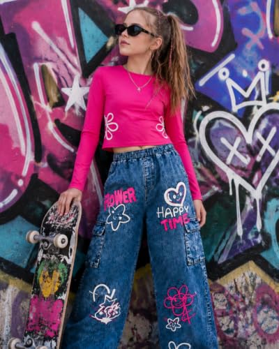 Image of Tween Girls Clothes 2 Piece Long Sleeve Top + Denim Cargo Pants, Teen Girls Fall Clothing Set, Sizes 7-16 Years