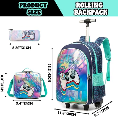Meetbelify Kids Backpacks with Wheels for Boys Football Rolling Backpack with Lunch Box for Elementary Students Trip Luggage for Boys Ages 6-82
