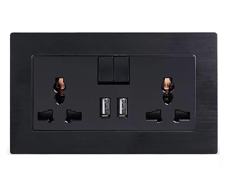Black Double Electric Switched Socket with Dual USB Charge Port 2 Gang 13A Output 2.1A Wall Switch Power Plug-s Sockets with 2 x USB Charger Ports Outlet Black Aluminum Metal Frame