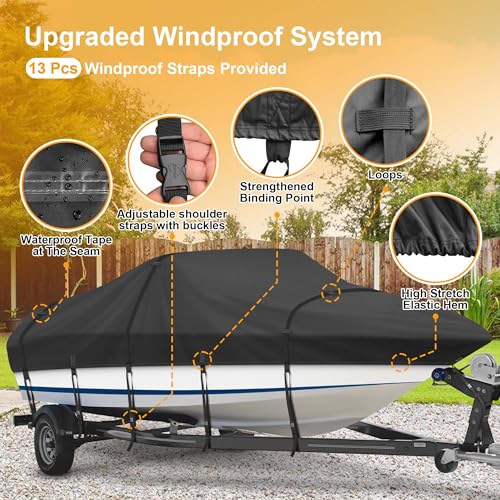 Kipiea Trailerable Boat Cover- 14-16 ft feet Heavy Duty Waterproof Boat Covers, Double PU Waterproof, Fits V-Hull, Fish & Ski, Pro-Style, Fishing, Bass Boats, 14'-16' Long X 90" Wide