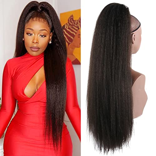 LEOSA 30 inch Yaki Straight Drawstring Long Natural Brown Pony Tail Hair Extensions Drawstring Ponytail Hair Extensions for Women