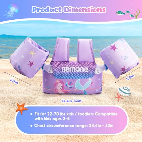 Image of Nemone Toddler Swim Vest for 22-70 lbs Kids Floaties Swim Jacket with Arm Water Wings for Girls Boys 1 2 3 4 5 6 7 Years Old Beach Pool 20 30 40 50 60 66 Pounds Puddle Jumper