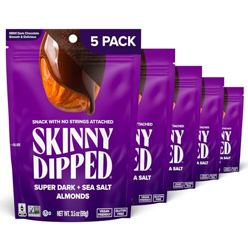 Image of SkinnyDipped Super Dark Chocolate + Sea Salt Almonds, Vegan, Healthy Snack, Plant Protein, Gluten Free, 3.5 oz Resealable Bags, Pack of 5