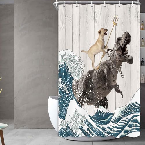 Image of Boziqr Funny Dog Shower Curtain, Japanese Ocean Wave Dinosaur Rustic Barn Door Decor Fabric Bathroom Curtains Set, Cute Animal Kids Polyester Fabric Waterproof, 36 X 70 Inches