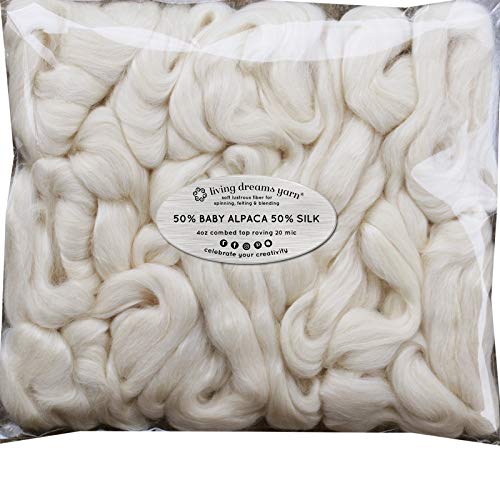 Baby Alpaca Silk Fiber Blend. Luxuriously Soft Combed Top Wool Roving For Spinning, Felting, Blending And Other Fiber Crafts. Natural White #TOP27