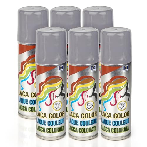 Pack 6 Laca de Pelo Color Plata 125ml - Spray Colores para Cabello Rápida coloración, Lavable