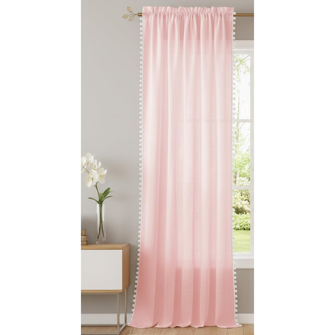 HOMEMONDE Sheer Curtains with Decorative Side Border Pompom Curtain for Customize, Linen Textured Light Filtering, Rod Pocket, 1 Piece - Pink
