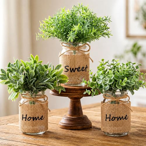 Suncalla 3 Pcs Spring Mason Jar Table Centerpiece Decor Small Fake Plants Farmhouse Rustic Burlap Vases Artificial Eucalyptus Rosemary Plants for Office Laundry Bathroom Shelf Table Wedding Decoration