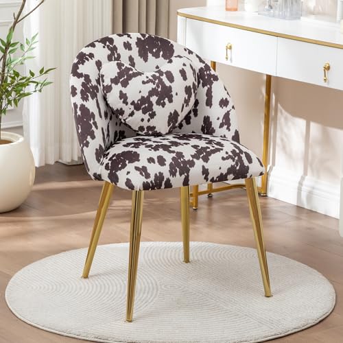 Hobooment Vanity Chair Accent Makeup Comfy Cute Desk Girls Fluffy Chairs for Bedroom No Wheels Gold Metal Legs Stool (Cow Velvet)