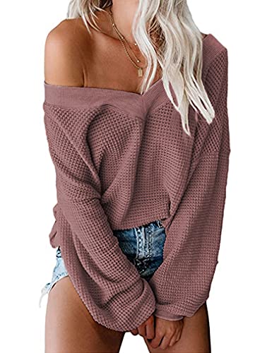 Tobrief Off Shoulder Sweater for Women Fall Waffle Knit V Neck Tops Long Batwing Shirt Tunic Blouse...