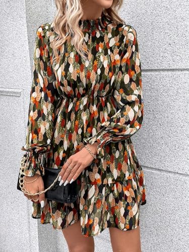 EFJONE Womens Long Sleeve Trendy Allover Print Flounce Sleeve Ruffle Hem Pleated Collar Shirred Dress Short Dresses4