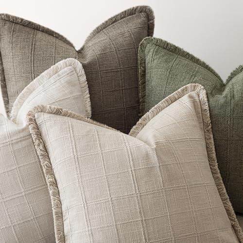 Image of Foindtower Set of 2 Decorative Linen Check Fringe Throw Pillow Covers Farmhouse Vintage Cushion Covers Modern Boho Home Decor for Sofa Chair Couch Bedroom Living Room,22x22 Inch,Olive Green
