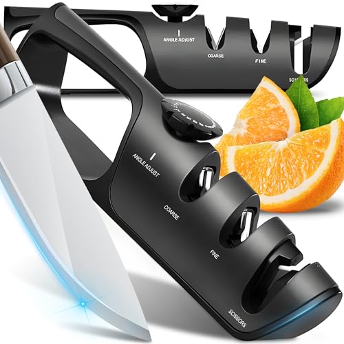Retoo Afilador de cuchillos manual de 3 etapas, afilador de cuchillos, herramienta de afilado de cuchillos con mango, afilador de tijeras para cizalla, afilado, piedra de afilar, cuchillos de granja