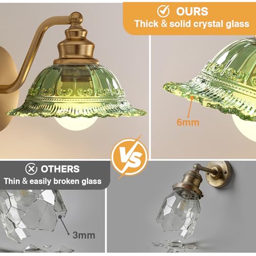 Image of Redluck Glass Battery Operated Wireless Wall sconces Set of Two with Remote | Vintage Green Glass, Rechargeable, Easy Installation, 12 Colors Wireless Wall Lamp for Bedroom Living Room Hallway Decor