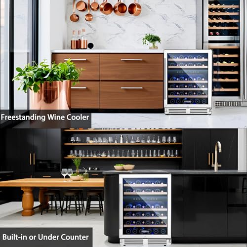 BODEGA 24 Inch Wine Fridge Dual Zone, 46 Bottle, Built-In or Under Counter Freestanding Wine Cooler Refrigerator With Stainless Steel Handle, Wine Cooler With Lock, Energy Efficient,For Home, Kitchen on Fridge.com