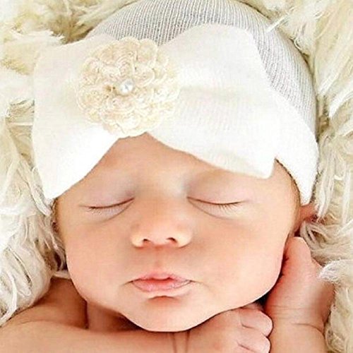 Toumett Newborn Hospital Hat Newborn Baby Hats with Pretty Bow Flower Pearl (White)