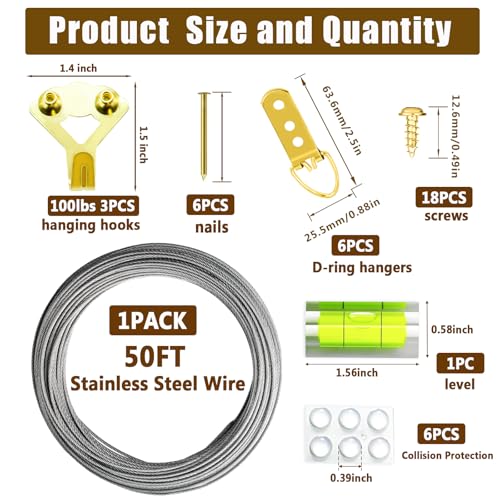 Image of Golden Picture Hanging Kit Picture Hanging Wire Kit Heavy Duty Mirror Hanging Kit,100 lbs 50FT Stainless Steel Wire Hanger Kit,with D-Ring /Hanging Hooks /Screws /Level