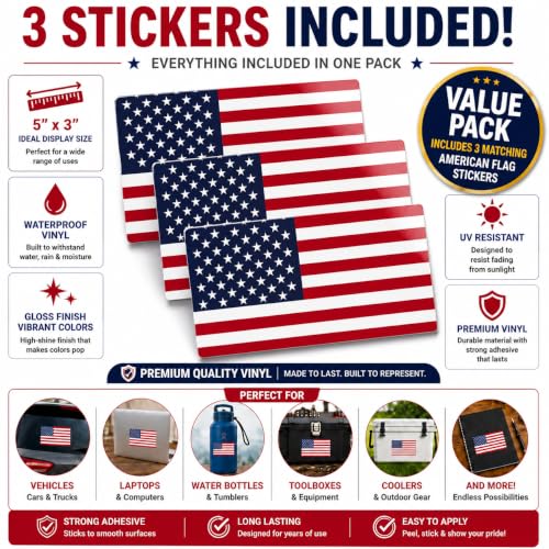 Image of American Flag Vinyl Flag Stickers, Car Decals, Waterproof Indoor Outdoor, Laptop Stickers, Car Bumper, USA Flag, 5 x 3 Inches, Set of 3