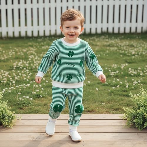 Image of Toddler Baby Boy St Patricks Day Outfit Infant Lucky Clover Sweatshirt Pants Set Little Kids Spring Warm Clothes
