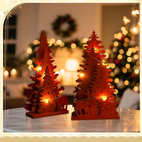 Décoration de table en bois sapin de Noël LED élan pour cheminée sans fil gênant