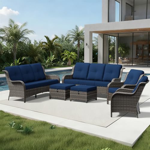 Image of Joyside 6 Piece Wicker Patio Furniture Set, Rattan Patio Chairs with High Back, Deep Seating, Wide Armrest, Thickened Cushions, Outdoor Furniture for Deck, Porch Use