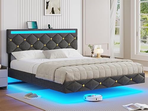 DICTAC Bett 160x200 mit LED-Beleuchtung & USB-Ladestation - Modernes Doppelbett 160x200 mit lattenrost und hohem Kopfteil, Bettgestell in Dunkelgrau & Leinenstoff - fürs Schlafzimmer (ohne Matratze) DICTAC Bett 160x200 mit LED-Beleuchtung & USB-Ladestation - Modernes Doppelbett 160x200 mit lattenrost und hohem Kopfteil, Bettgestell in Dunkelgrau & Leinenstoff - fürs Schlafzimmer (ohne Matratze)