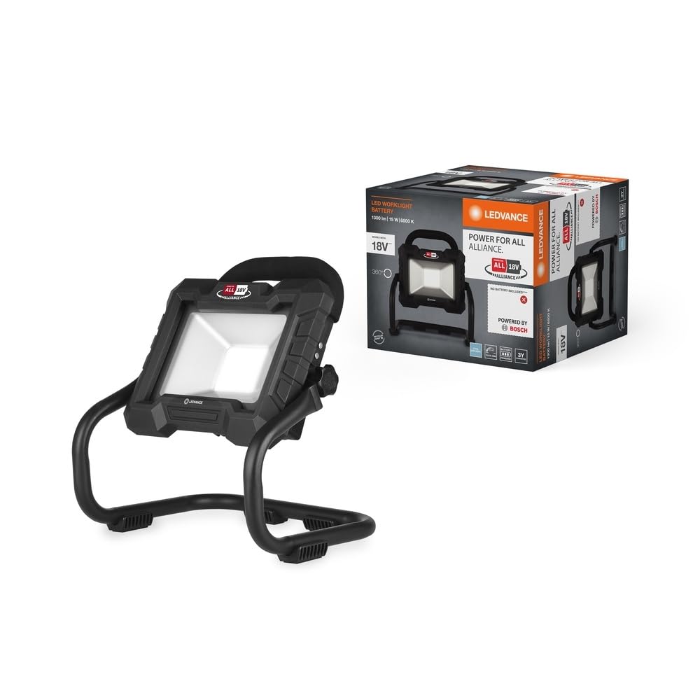 Lampa robocza LEDVANCE z obrotową głowicą, zasilana bateryjnie, kompatybilna z Power for all Alliance, 3 poziomy ściemniania, 15 W, 1300 lm, 6500 K, 840 zimne światło dzienne, czarne aluminium, IP20