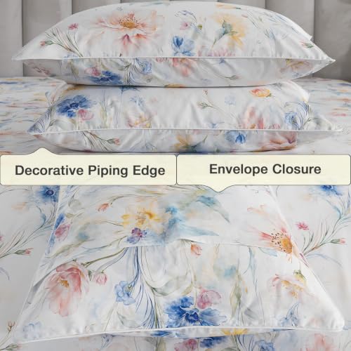 Image of Vintage Blue Floral Percale Bed Sheets Full Size Deep Pocket, 4Pcs | 100% Cotton Patterned Farmhouse Sheet Set, Peony Print Shabby Chic White Sheets, Luxury Toile Bedding, Wildflower, Soft Crisp