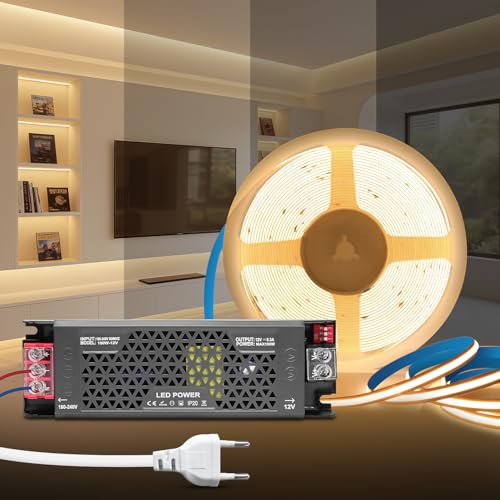 KSIBNW Ruban LED COB 5M, DC 12V Bande LED Blanc Naturel 4000K avec Transformateur 220V 12V 100W Alimentation Réglable, Adhésif Bandeau Lumineuse COB Dimmable pour Chambre, Décoration de la Maison