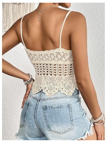 OYOANGLE Women's Scoop Neck Hollow Out Cami Tops Sleeveless Asymmetrical Tie Front Crochet Top2