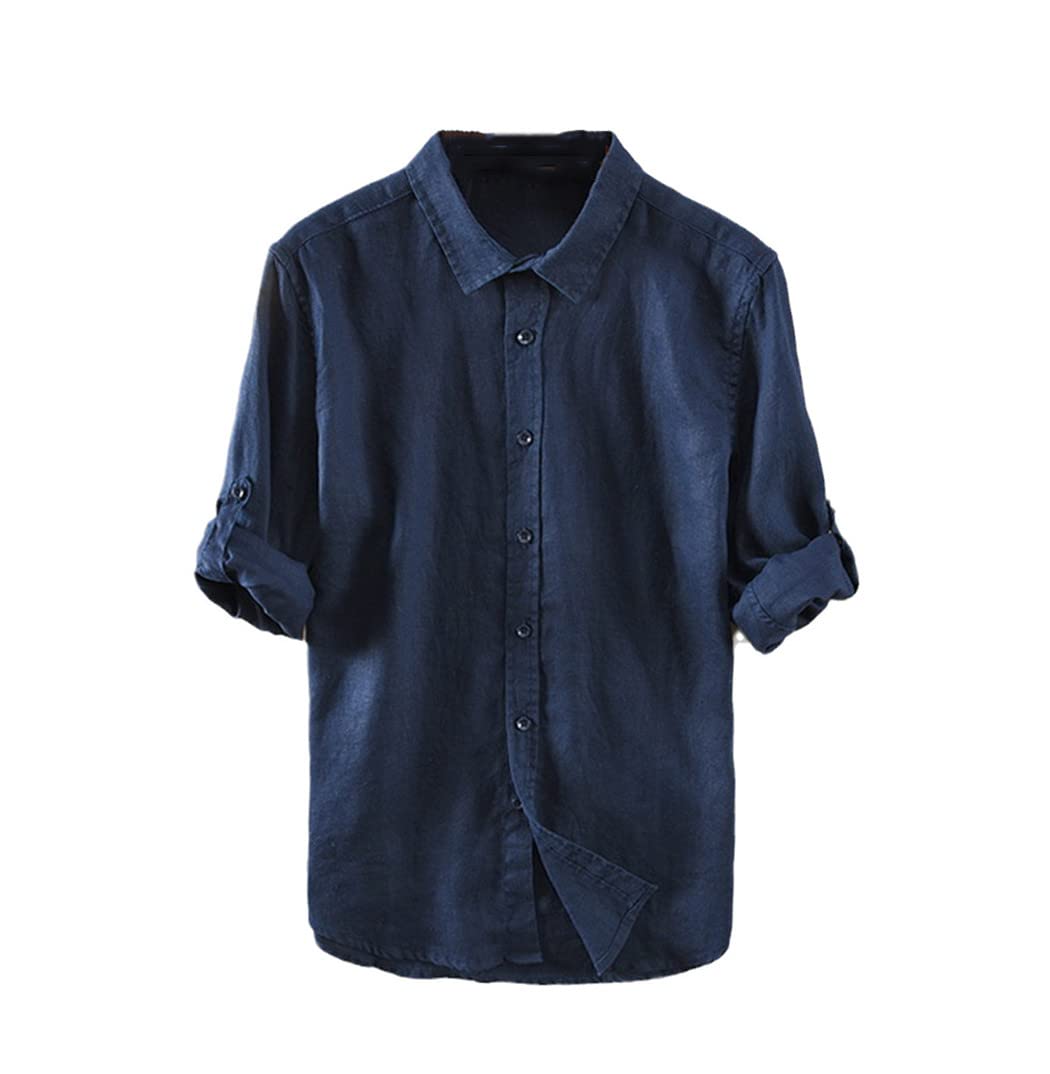 Italia estilo 100% lino camisa de manga larga, hombres casual sólido blanco camisas, azul oscuro, 3XL