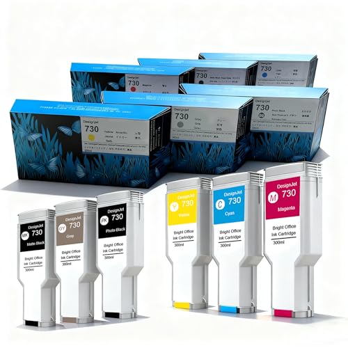 Hha&Ptj 730 Ink Cartridges 300ml 6-Pack High Capacity Compatible with HP DesignJet T1600 T1700 T2600 Printers Ink, Replace P2V71A P2V68A P2V69A P2V70A P2V72A P2V73A (730 300ml (6 Pack))