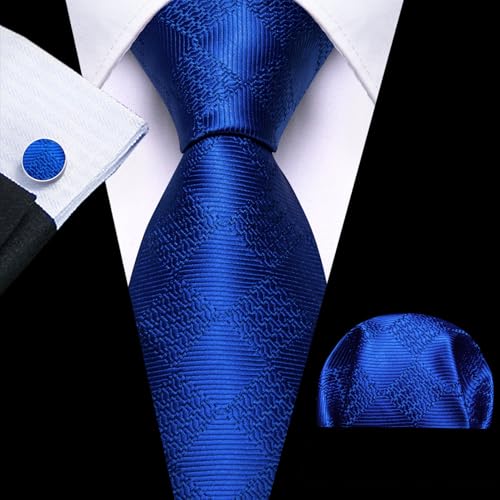 Image of Barry.Wang Plaid Ties Check Mens Necktie Set with Handkerchief Cufflinks Classic Stripe