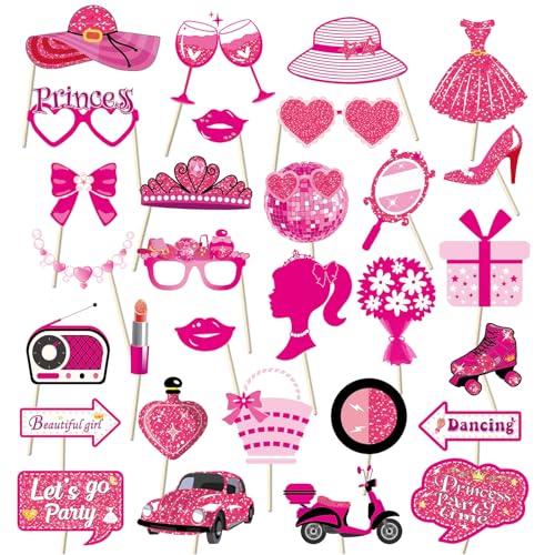30 accesorios para cabina de fotos de fiesta de Barbie, accesorios para cabina de fotos de selfie, suministros de fiesta de cumpleaños de princesa rosa intenso, accesorios de fotos de fiesta de