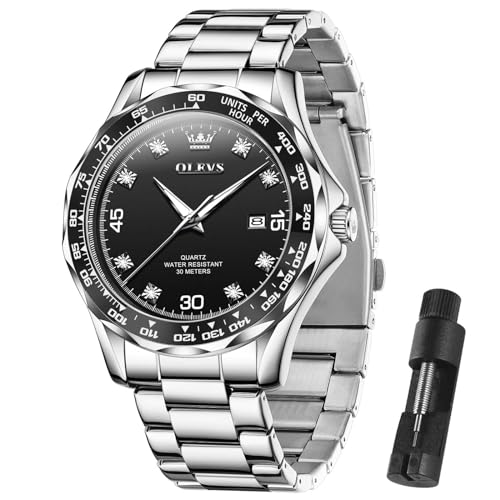 Watches for Men OLVES Mens Silver Watch Stainless Steel Luxury Diamond Arabic Numberals Dial Classic Black Face Business Waterproof Dress Relojes para Hombres