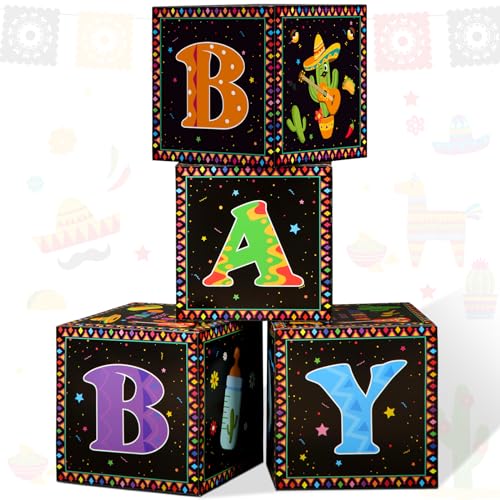 Eersida 4 Pcs Mexican Fiesta Baby Shower Decoration Baby Boxes with Letter Taco Decoration for Mexican Birthday Party Supplies