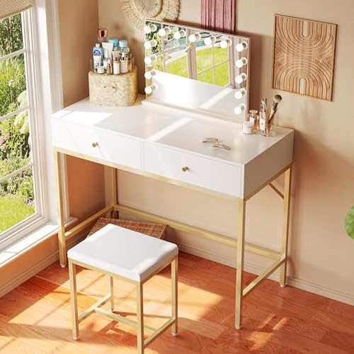 Image of SUPERJARE 31.5 inch White and Gold Desk with 2 Drawers, Modern Makeup Vanity