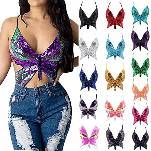 JLGY Tops Damen Oberteile Camilose Glitzer Waistcoat Bralettes Performance Cropped Oberteil Trägertop Schmetterling Tanktop Crop Tops V-Ausschnitt Bauchfrei Unterwäsche Blusentop Cover