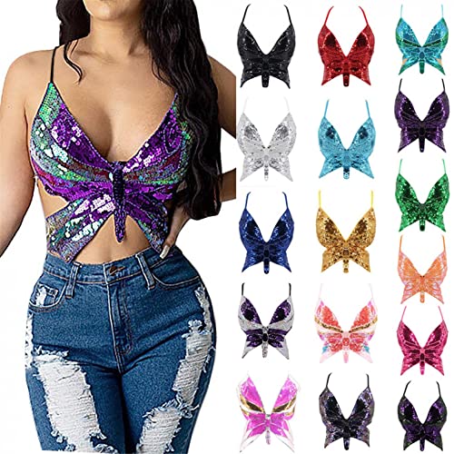 JLGY Tops Dames Tops Camilose Glitter Waistcoat Bralettes Performance Cropped Top Bandjes Top Vlinder Tanktop Crop Tops V-hals Buikvrij Ondergoed Blousetop, blauw, Eén maat