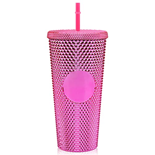 710 ml dubbad kopp med lock och sugrör, dubbelvägg iskaffekopp med dubbla väggar dubbade koppar återanvändbar BPA-fri stor smoothie-mugg resemugg för barn, tonåringar, vuxna (rosa