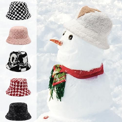 Image of Bucket Hat Women Furry Fuzzy Bucket Hats for Ladies, Winter Warm Fluffy Plush Faux Fur Hat for Women