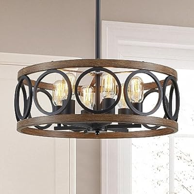 peskoe Chandeliers for Dining Room, 19.7'' Farmhouse Modern Black and Wood Grain Metal Pendant Light, Drum Rustic Living Room Bedroom Kitchen Lighting Fixture, 6-Light Round Hanging Ceiling Lamp